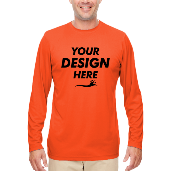 UltraClub Men's Cool & Dry Sport Performance Long Sleeve T-Shirt, Bright Orange, Front view, Mockup