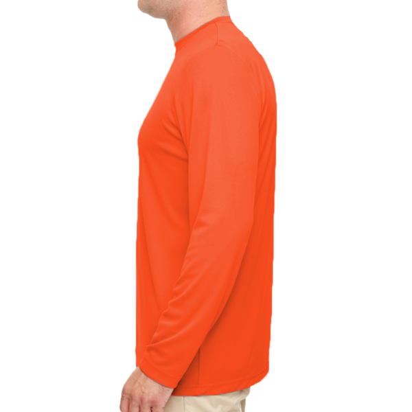 UltraClub Men's Cool & Dry Sport Performance Long Sleeve T-Shirt, Bright Orange, Left Sleeve view