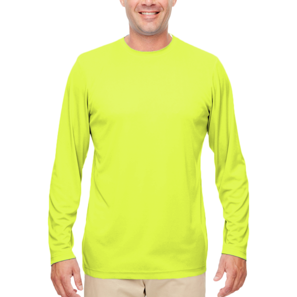 UltraClub Men's Cool & Dry Sport Performance Long Sleeve T-Shirt, Bright Yellow, Front view