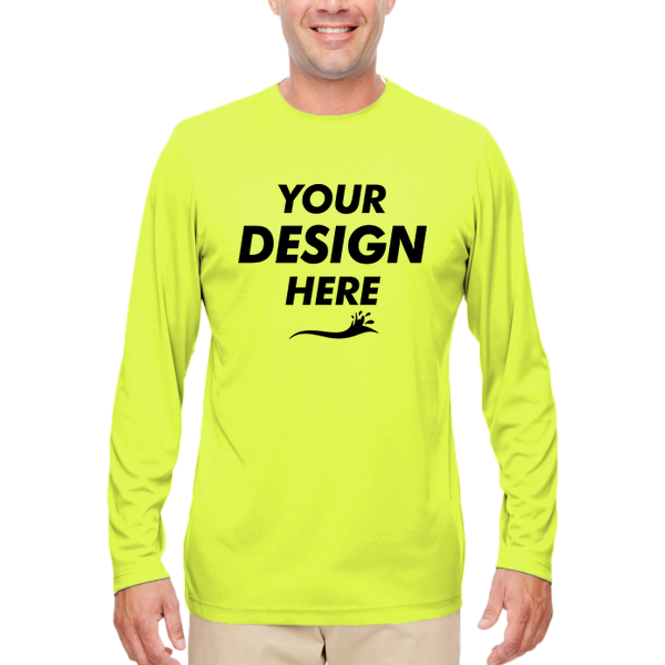 UltraClub Men's Cool & Dry Sport Performance Long Sleeve T-Shirt, Bright Yellow, Front view, Mockup