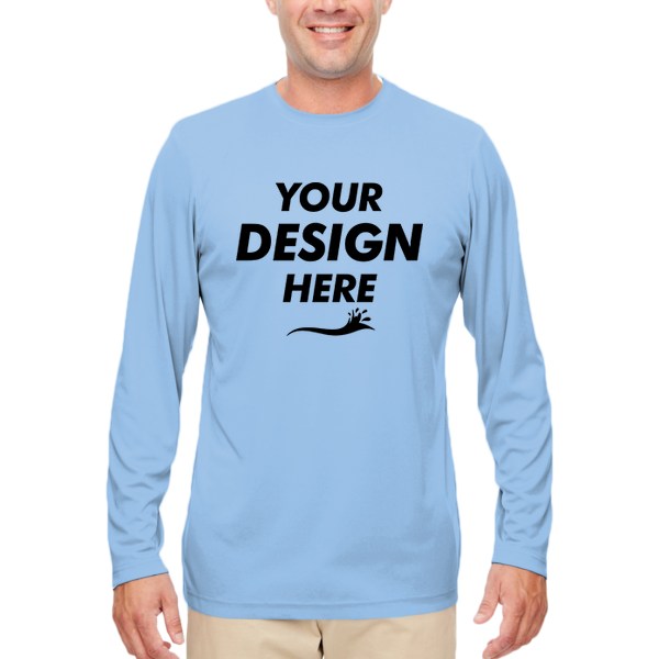 UltraClub Men's Cool & Dry Sport Performance Long Sleeve T-Shirt, Columbia Blue, Front view, Mockup