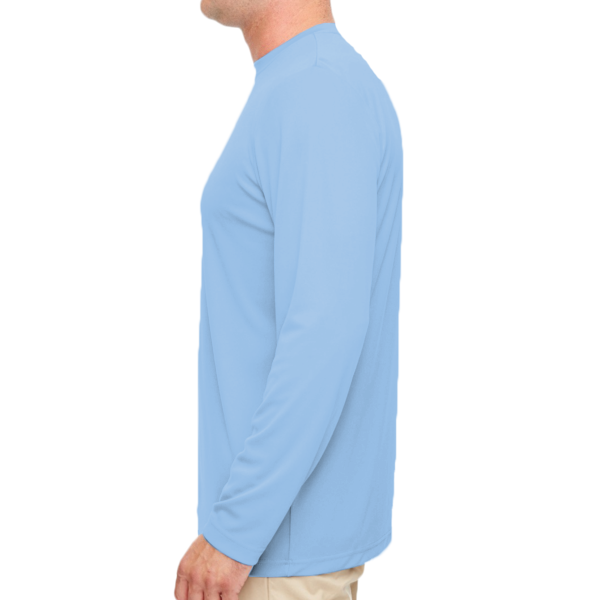 UltraClub Men's Cool & Dry Sport Performance Long Sleeve T-Shirt, Columbia Blue, Left Sleeve view