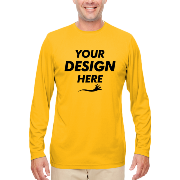 UltraClub Men's Cool & Dry Sport Performance Long Sleeve T-Shirt, Gold, Front view, Mockup