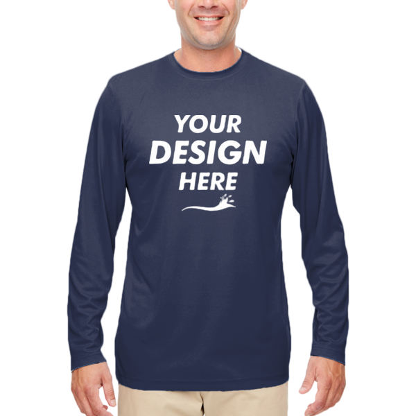 UltraClub Men's Cool & Dry Sport Performance Long Sleeve T-Shirt, Navy, Front view, Mockup