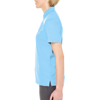 UltraClub Women's Cool & Dry Mesh Piqué Polo, Columbia Blue, Left Sleeve view