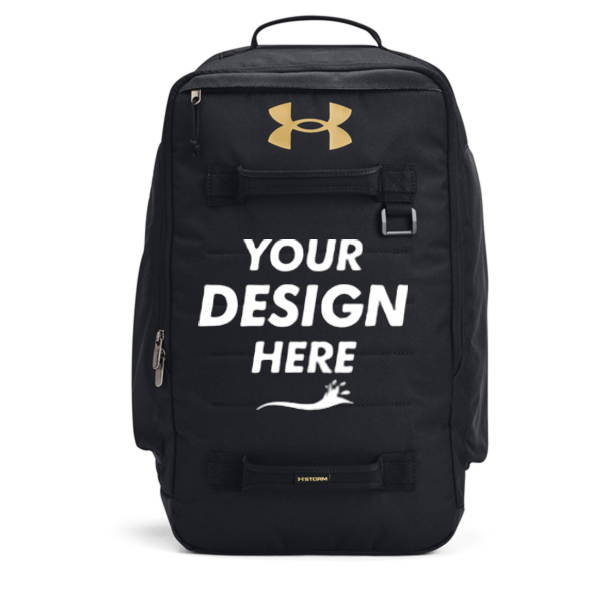 Under Armour Contain Laptop Backpack 2.0, Black / Mt Gold, Front view, Mockup