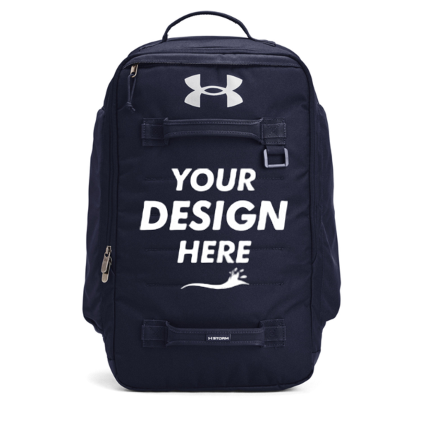 Under Armour Contain Laptop Backpack 2.0, Midnight Navy / Metallic Silver, Front view, Mockup