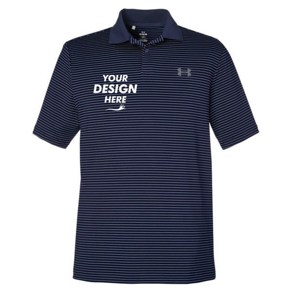 Under Armour Men's 3.0 Striped Perf Polo, Midnight Navy / White, Front view, Mockup