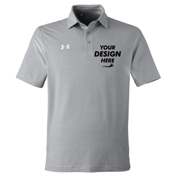 Under Armour Men's Destin Drive Striped Performance Polo, Mod Grey / White, Front view, Mockup