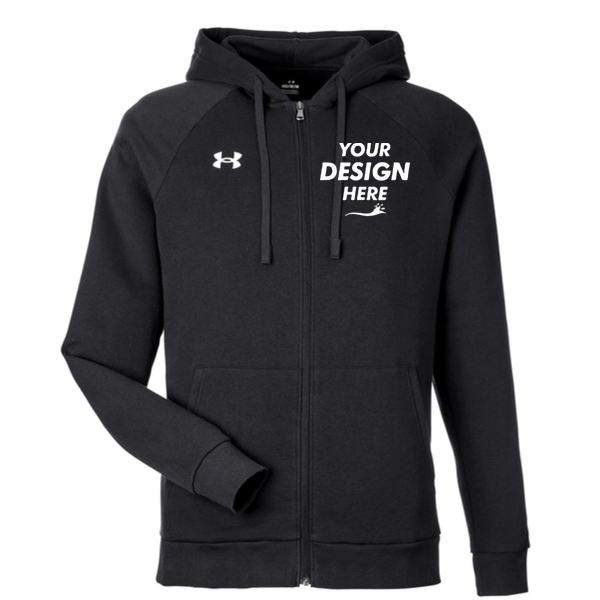 Under Armour Men's Rival Fleece Full-Zip, Black / White, Front view, Mockup