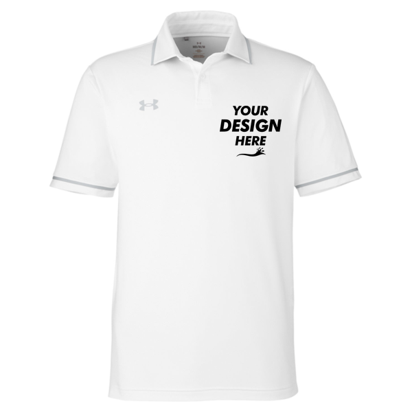 Under Armour Men's Tipped Teams Performance Polo, White / Mod Grey, Front view, Mockup