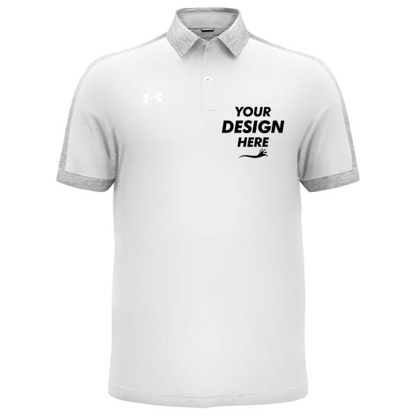 Under Armour Men's Trophy Level Polo, White / Mod Grey, Front view, Mockup