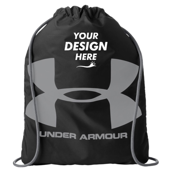 Under Armour Ozsee Sackpack Drawstring Bag, Black / Steel, Front view, Mockup