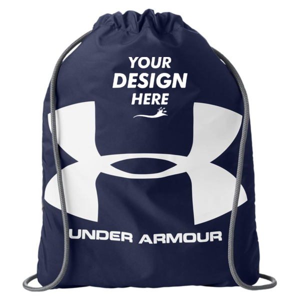 Under Armour Ozsee Sackpack Drawstring Bag, Midnight Navy / White, Front view, Mockup