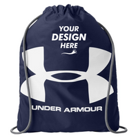 Under Armour Ozsee Sackpack Drawstring Bag, Midnight Navy / White, Front view, Mockup