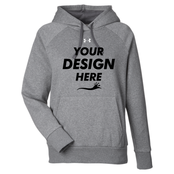 Under Armour Women's Rival Fleece Hooded Sweatshirt, Castlerock Grey Light Heather / Black, Front view, Mockup