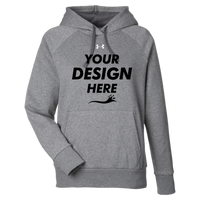 Under Armour Women's Rival Fleece Hooded Sweatshirt, Castlerock Grey Light Heather / Black, Front view, Mockup