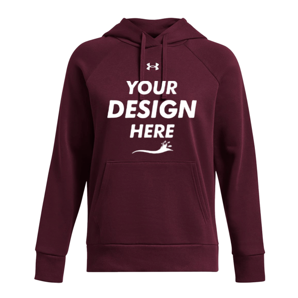 Under Armour Women's Rival Fleece Hooded Sweatshirt, Maroon / White, Front view, Mockup