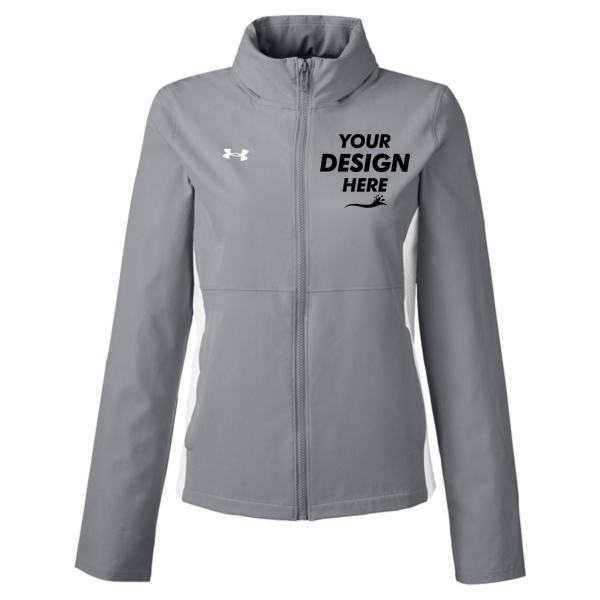 Under Armour Women's Rival Stretch Jacket, Mod Grey / White / White, Front view, Mockup