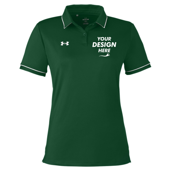 Under Armour Women's Tipped Teams Performance Polo, Forest Green / White, Front view, Mockup