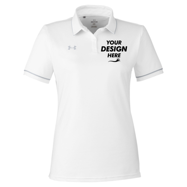 Under Armour Women's Tipped Teams Performance Polo, White / Mod Grey, Front view, Mockup