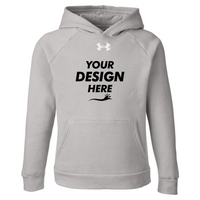 Under Armour Youth Rival Fleece Hooded Sweatshirt, Mod Grey Light Heather / White, Front view, Mockup