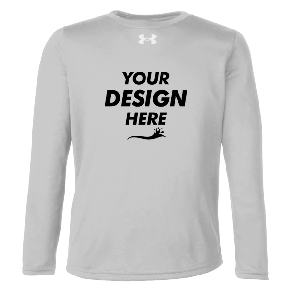 Under Armour Youth Tech™ Team Long Sleeve T-Shirt, Mod Grey Light Heather / White, Front view, Mockup