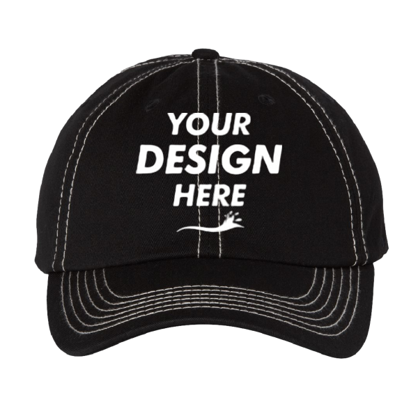 Valucap Bio-Washed Classic Dad Hat, Black / Stone Stitch / Stone Stitch, Front view, Mockup