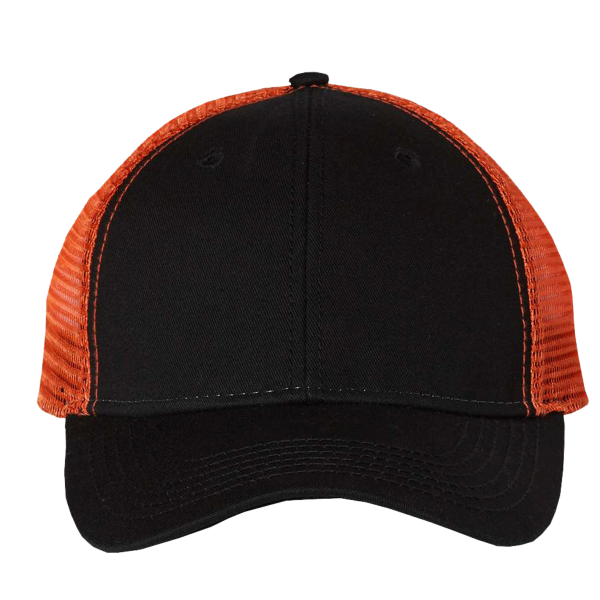 Valucap Bio-Washed Trucker Cap, Black / Orange, Front view