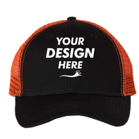 Valucap Bio-Washed Trucker Cap, Black / Orange, Front view, Mockup
