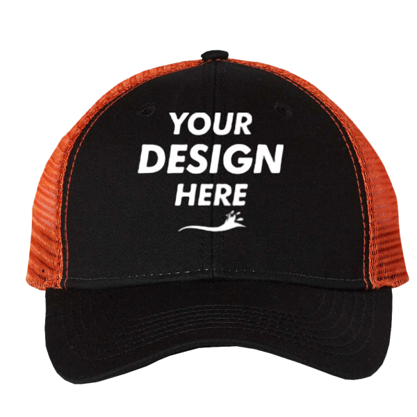 Valucap Bio-Washed Trucker Cap, Black / Orange, Front view, Mockup