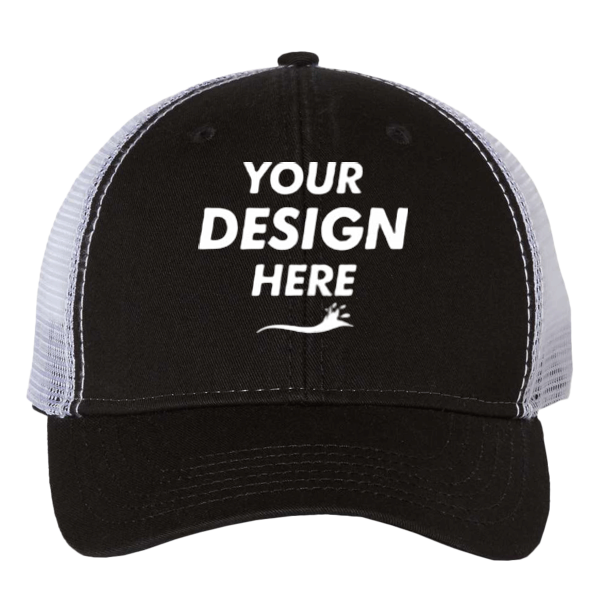 Valucap Bio-Washed Trucker Cap, Black / White, Front view, Mockup