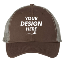 Valucap Bio-Washed Trucker Cap, Brown / Khaki, Front view, Mockup
