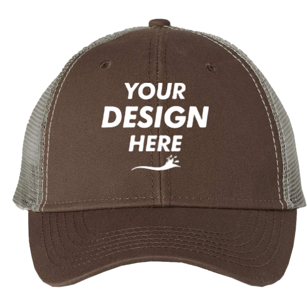 Valucap Bio-Washed Trucker Cap, Brown / Khaki, Front view, Mockup