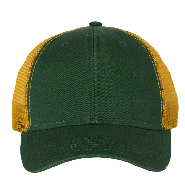 Valucap Bio-Washed Trucker Cap, Dark Green / Gold, Front view
