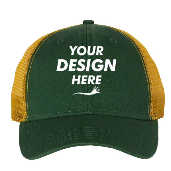 Valucap Bio-Washed Trucker Cap, Dark Green / Gold, Front view, Mockup