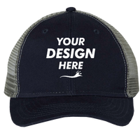 Valucap Bio-Washed Trucker Cap, Navy / Grey, Front view, Mockup
