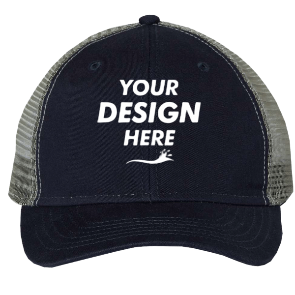 Valucap Bio-Washed Trucker Cap, Navy / Grey, Front view, Mockup