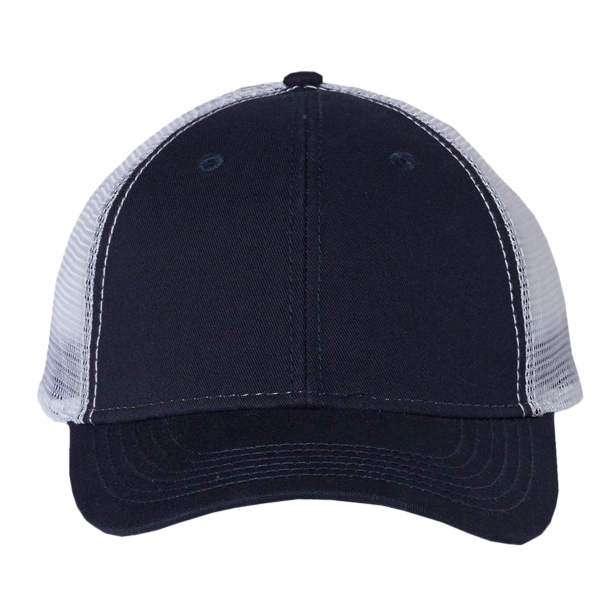 Valucap Bio-Washed Trucker Cap, Navy / White, Front view
