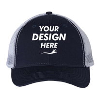 Valucap Bio-Washed Trucker Cap, Navy / White, Front view, Mockup