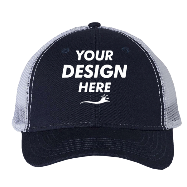 Valucap Bio-Washed Trucker Cap, Navy / White, Front view, Mockup
