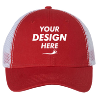 Valucap Bio-Washed Trucker Cap, Red / White, Front view, Mockup