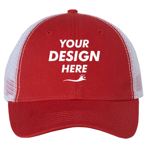 Valucap Bio-Washed Trucker Cap, Red / White, Front view, Mockup