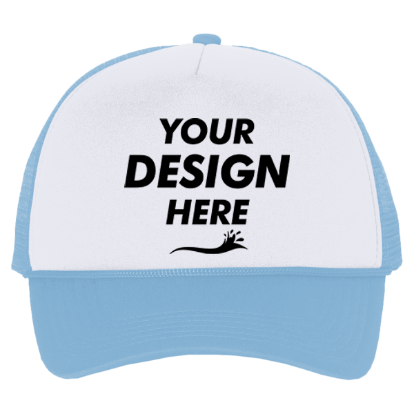 Valucap Foam Mesh-Back Trucker Cap, White / Baby Blue / Baby Blue, Front view, Mockup