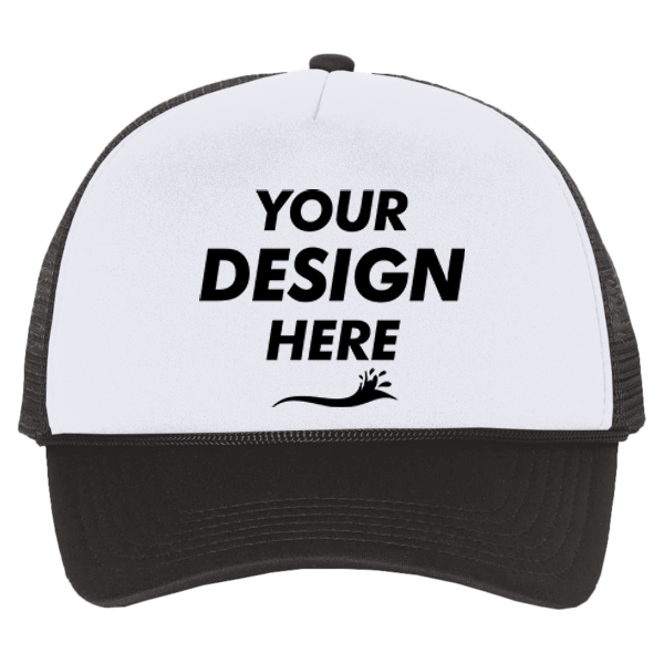 Valucap Foam Mesh-Back Trucker Cap, White / Black / Black, Front view, Mockup