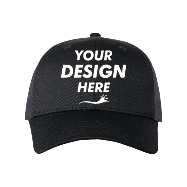 Valucap Mesh-Back Twill Trucker Cap, Black / Charcoal / Charcoal, Front view, Mockup