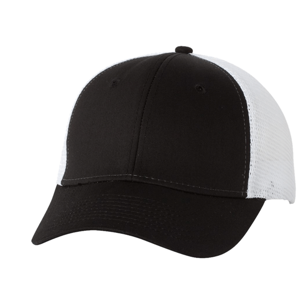 Valucap Mesh-Back Twill Trucker Cap, Black / White / White, Front view