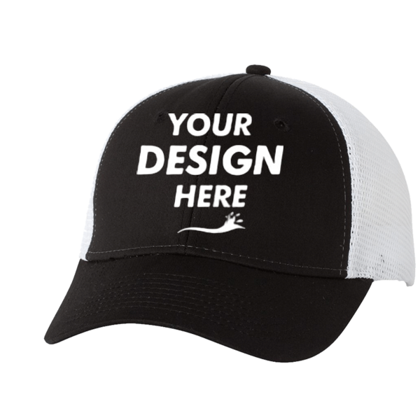Valucap Mesh-Back Twill Trucker Cap, Black / White / White, Front view, Mockup