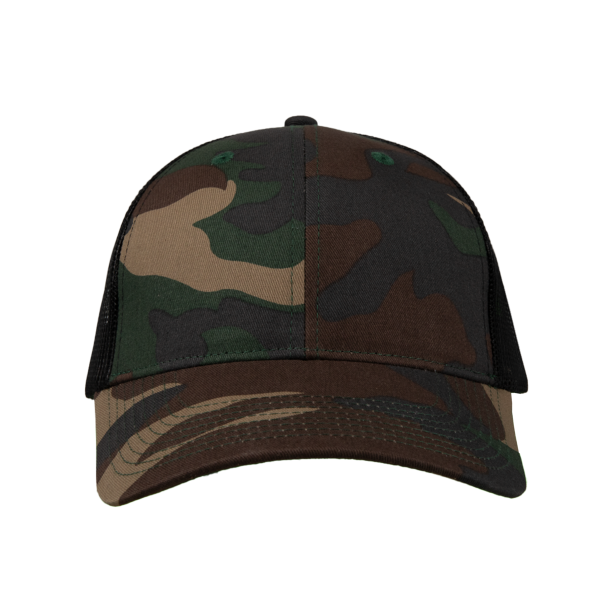 Valucap Mesh-Back Twill Trucker Cap, Camo / Black / Black, Front view