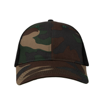 Valucap Mesh-Back Twill Trucker Cap, Camo / Black / Black, Front view